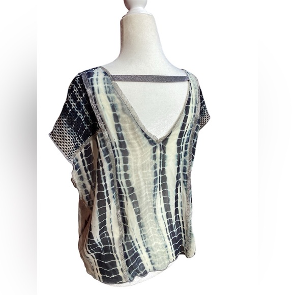 Burning Torch Upcycled Silk Blouse in Tie Dye Indigo on light Gray mesh detail - Picture 6 of 16